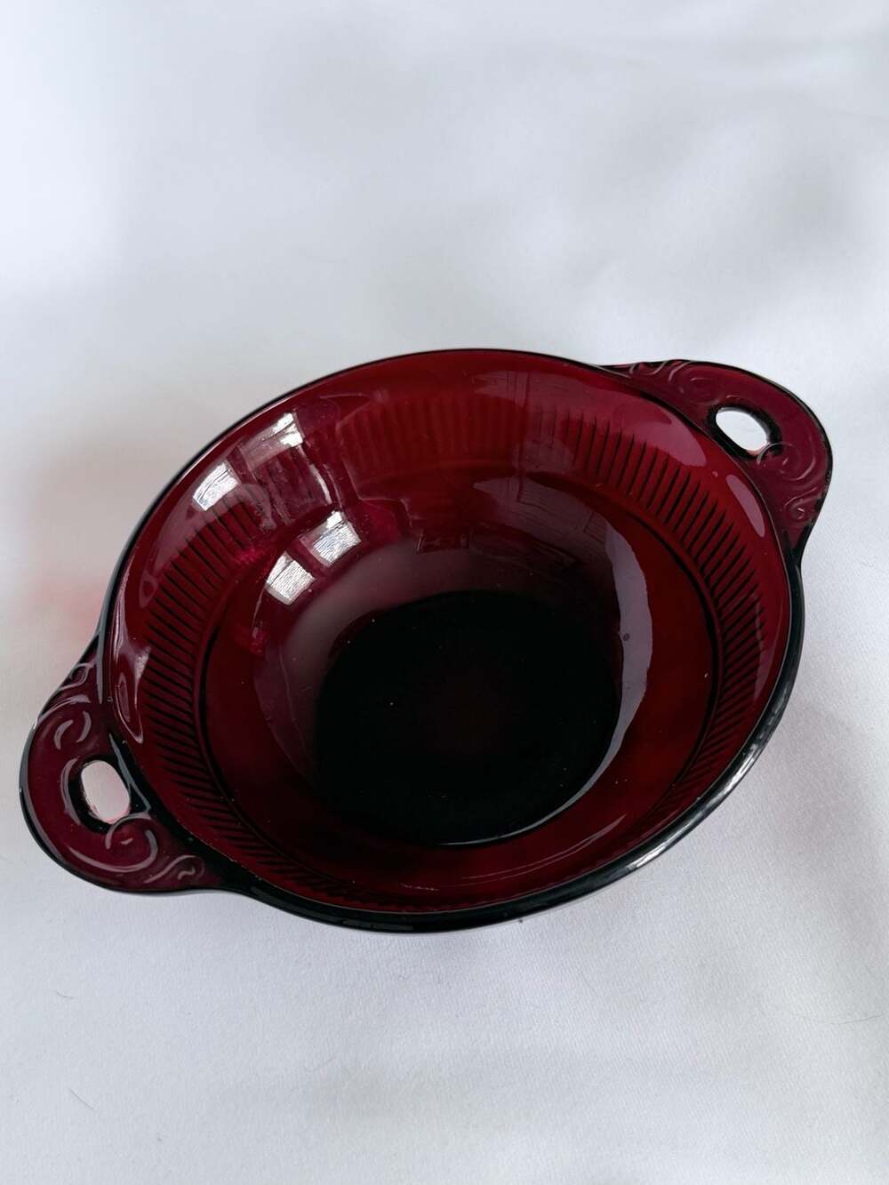 Vintage Anchor Hocking Coronation Royal Ruby Red Glass Handled Bowl 5.75 Inch